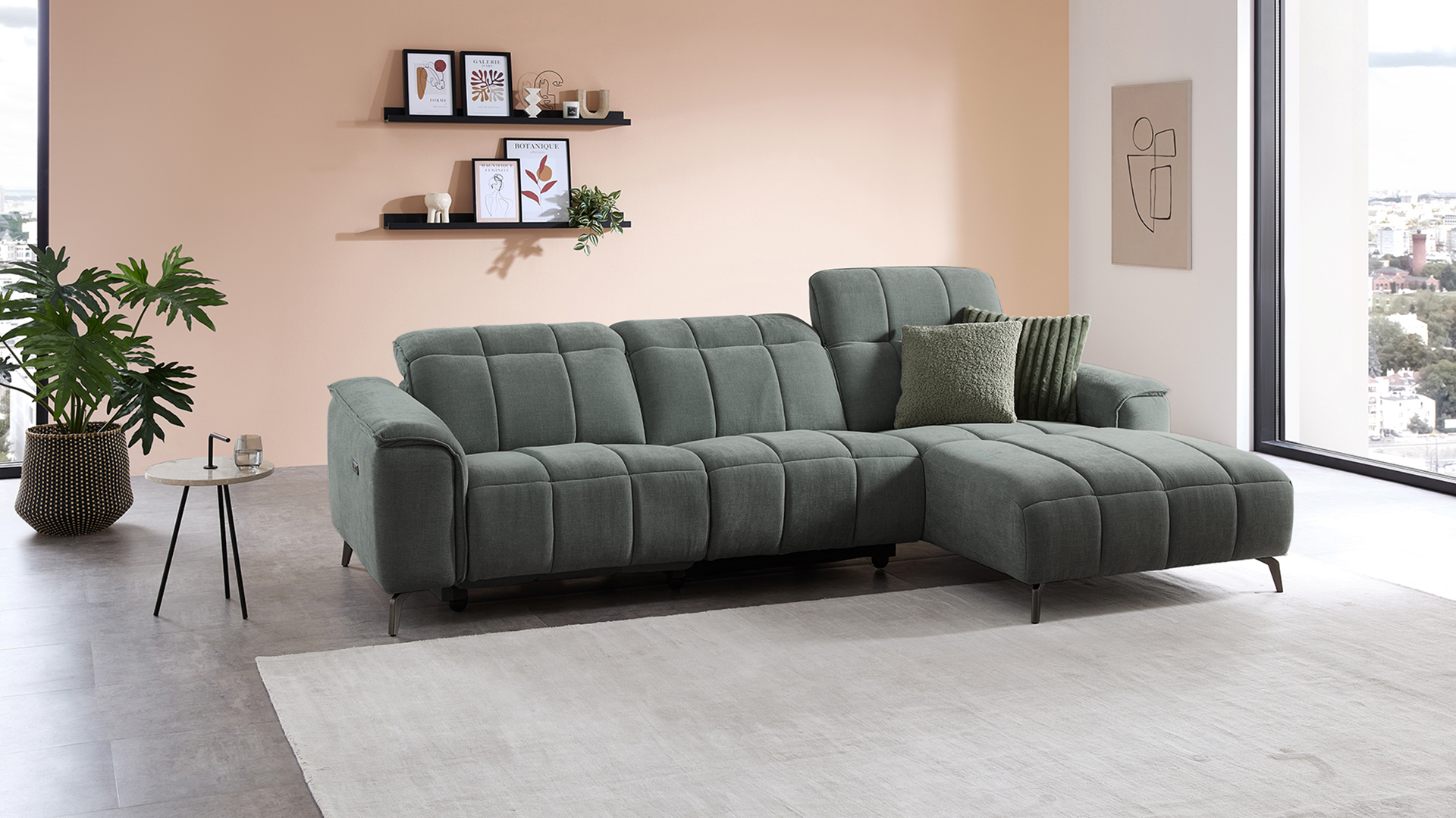 Stoff Ecksofa mit manueller Kopfteilverstellung und motorischer Relaxfunktion-05971020WW