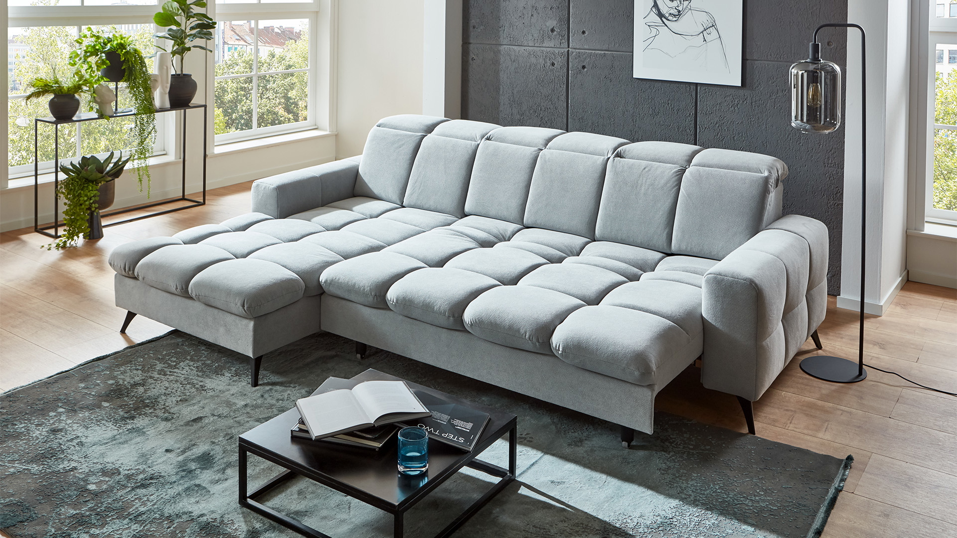 Ecksofa Felix mit motorischer XL-Sitztiefenverstellung in Stoff