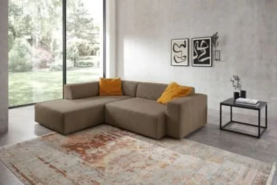 Ecksofa im Trendstoff Cord mit elektrischem Sitzvorzug mgl. Braun rechts