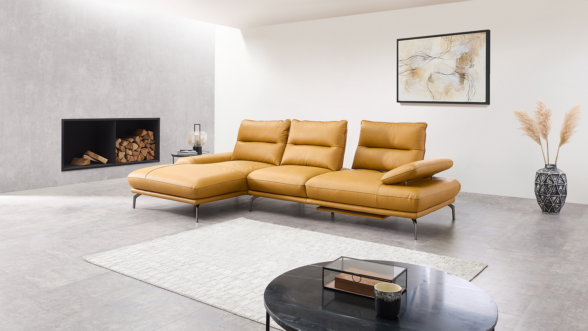 Leder Ecksofa mit Sitztiefenverstellung und motorischer Fußstütze Leder Ecksofa mit Sitztiefenverstellung und motorischer Fußstütze-05971013-WW