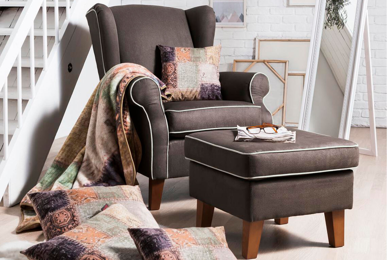 Ohrensessel Lagune mit Hocker
