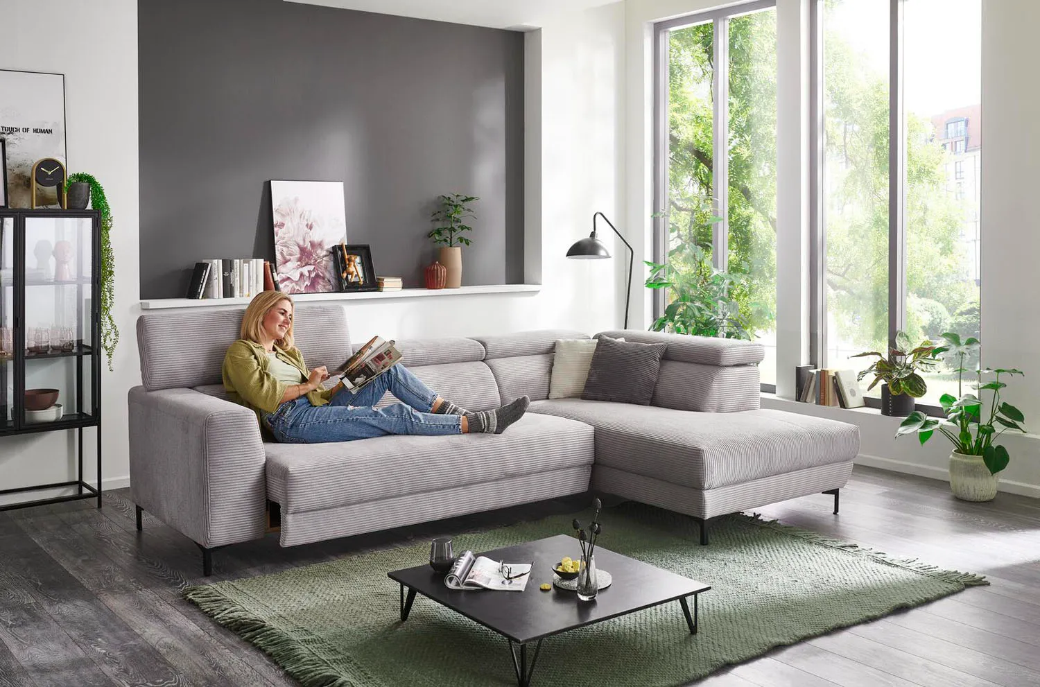 Cord Ecksofa Inkl. manueller Kopfteilverstellung Beige rechts mit Funktion
