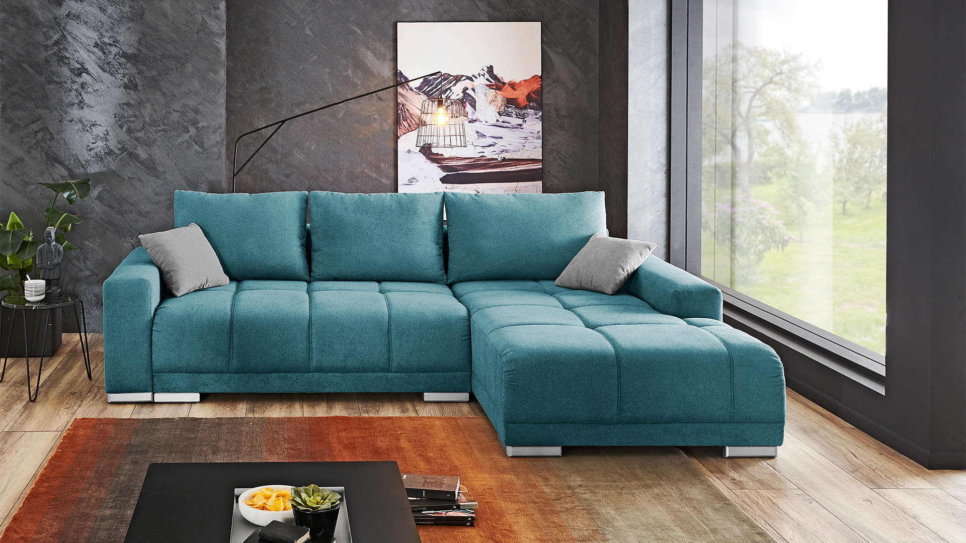 Ecksofa Carine mit Schlaffunktion und Bettkasten in Stoff Ecksofa Carine mit Schlaffunktion und Bettkasten in Stoff-06460141-WW