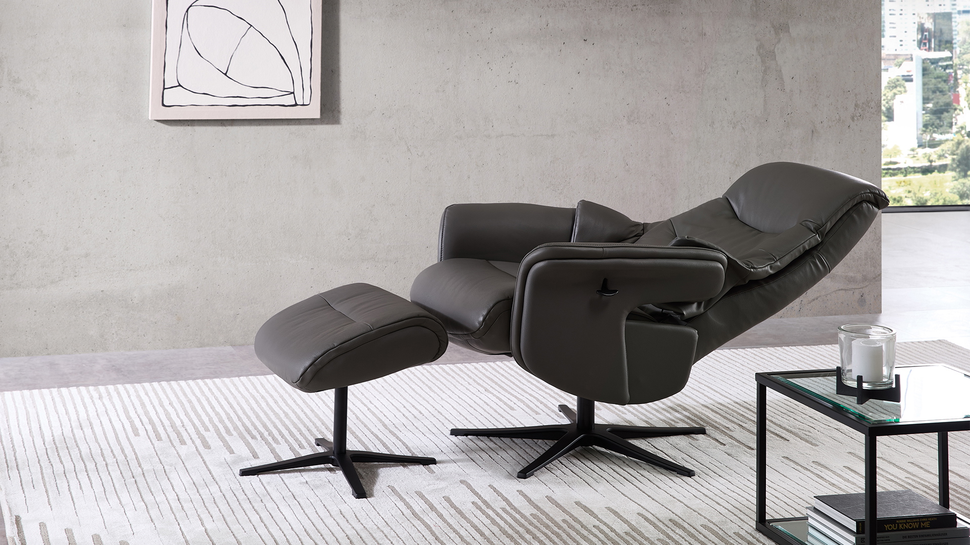 Relaxsessel Agent Grey mit manueller Funktion und Sitzhöhenverstellung in Leder-Lederlook