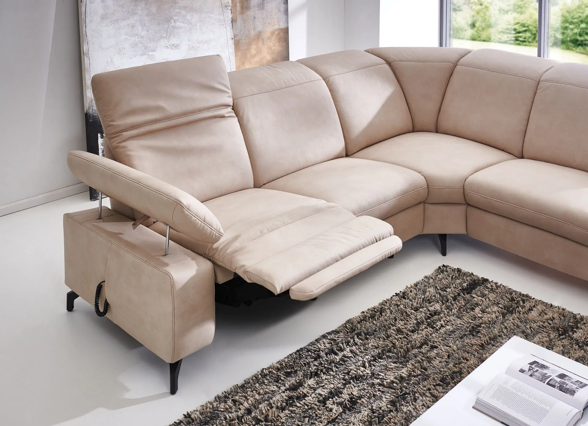 Ecksofa mit Funktionen, Armlehnenfunktion und Kopfteilfunktion Beige rechts mit höhen Neigungsverstellung mit Kopfteilfunktion 
