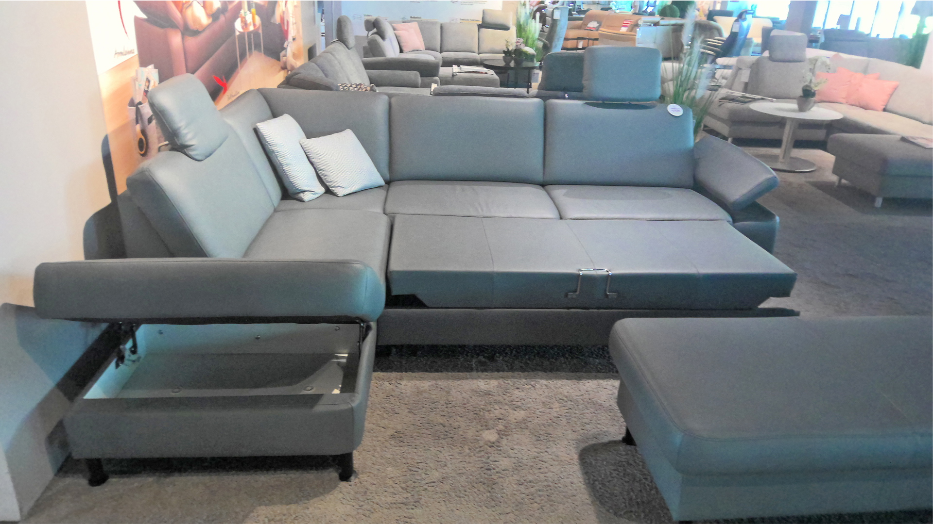 Modulmaster Ecksofa inkl. vielen Funktionen mit Hocker in Leder-0775015506-07WW-A