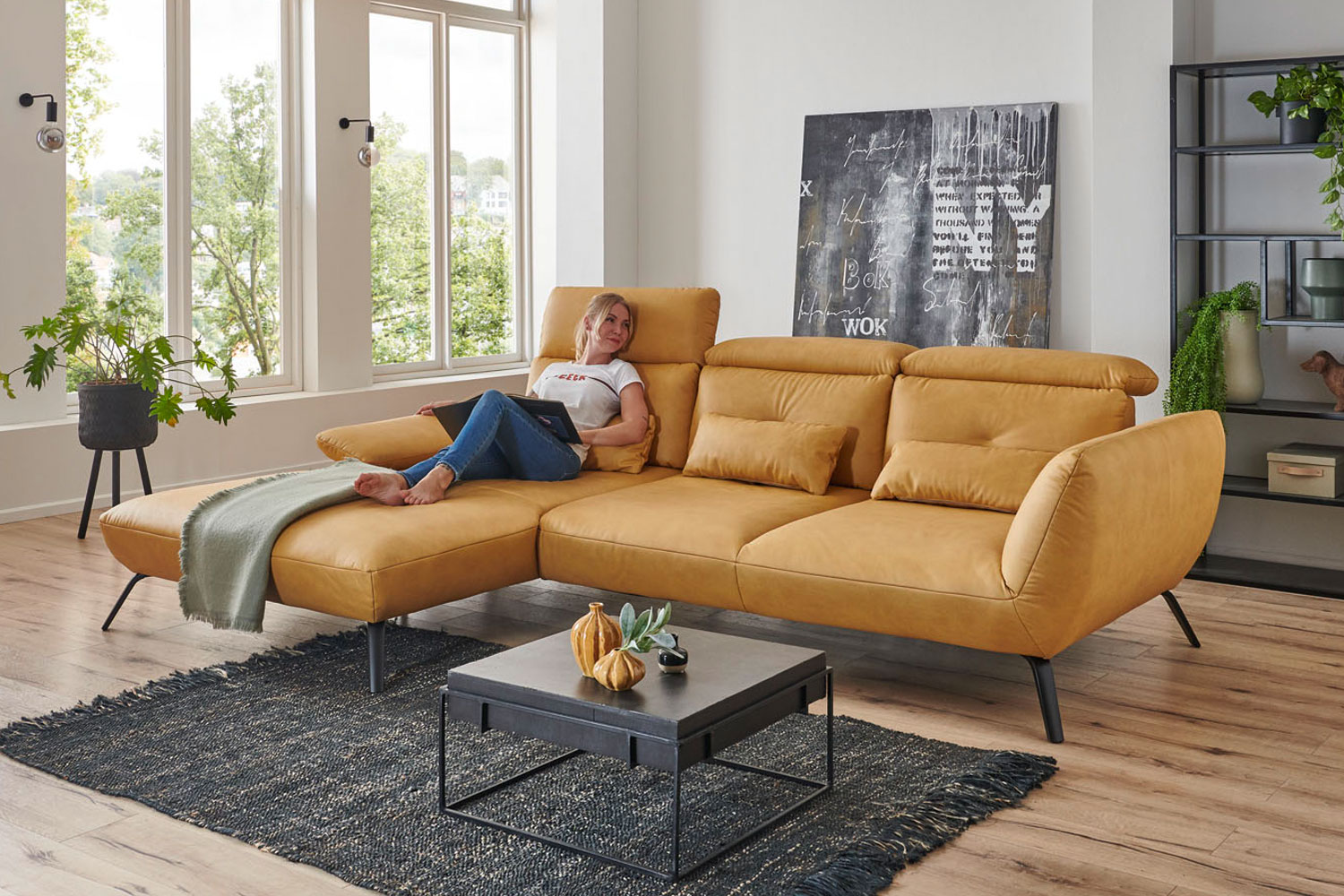 Stoff Ecksofa in L-Form Mustard links mit Armteilfunktion 