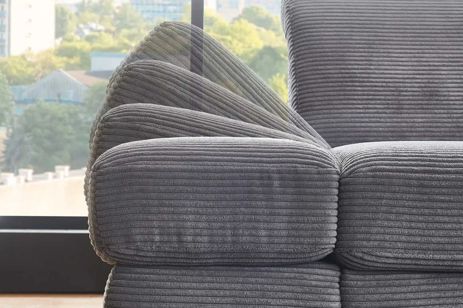 Cord Ecksofa in L-Form Grau rechts mit Armteilfunktion mit Funktion 