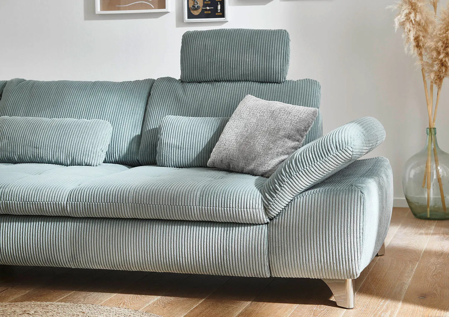 Ecksofa in Cordstoff Aqua rechts mit Stauraum