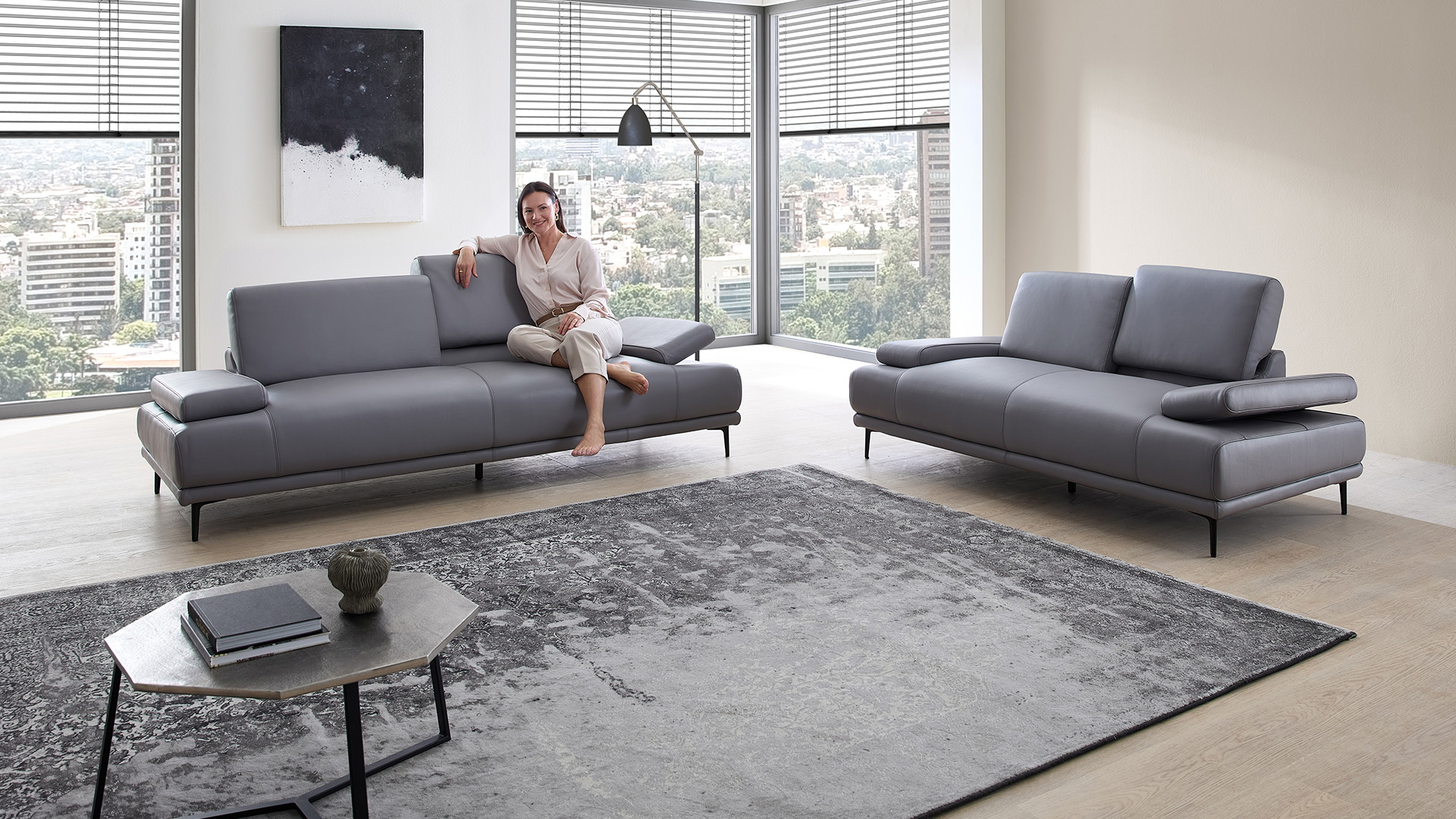 Couchgarnitur inkl. manuellen Funktionen in Leder-02970271-WW