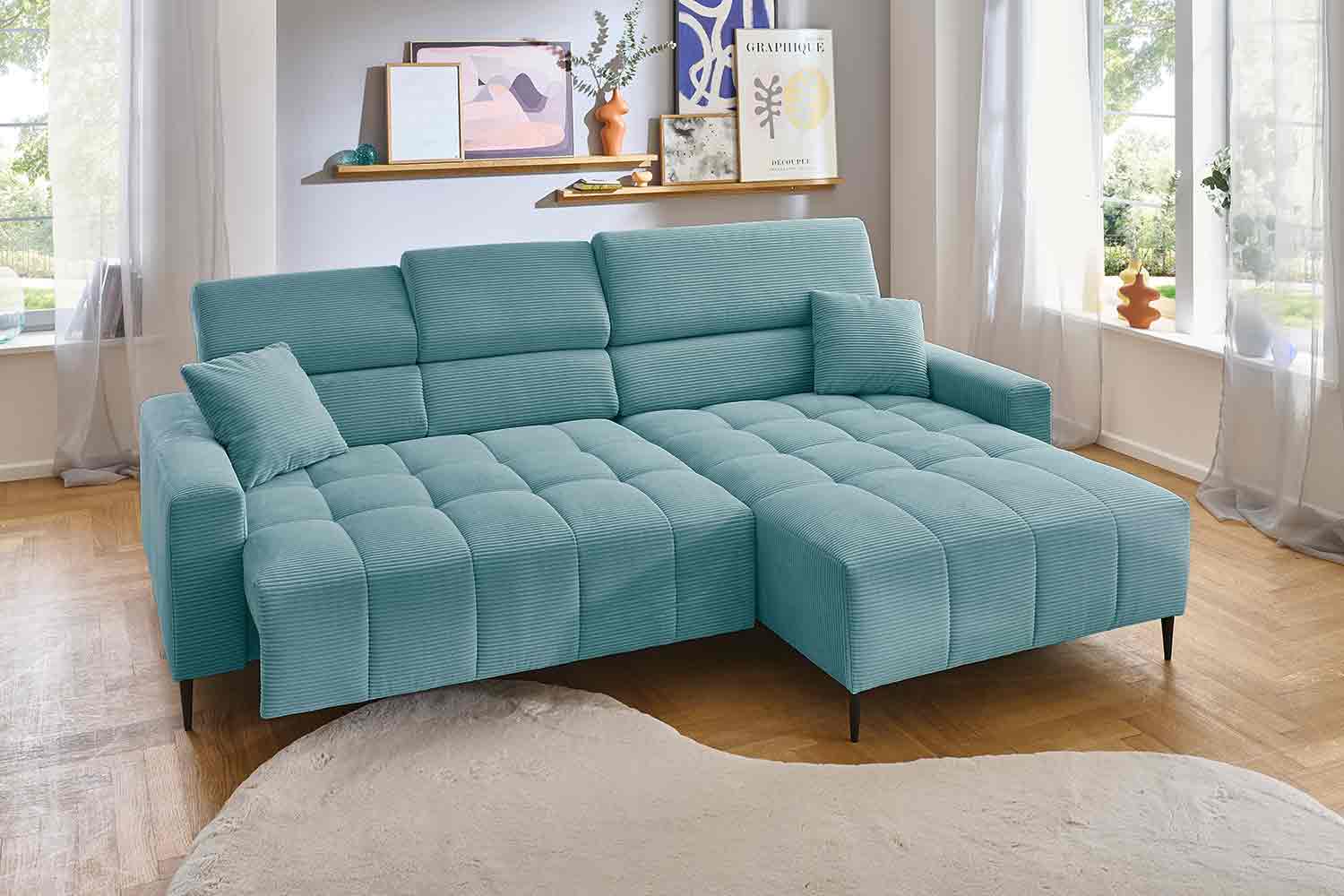 Ecksofa inkl. motorischem Sitzvorzug in Trendstoff Cord