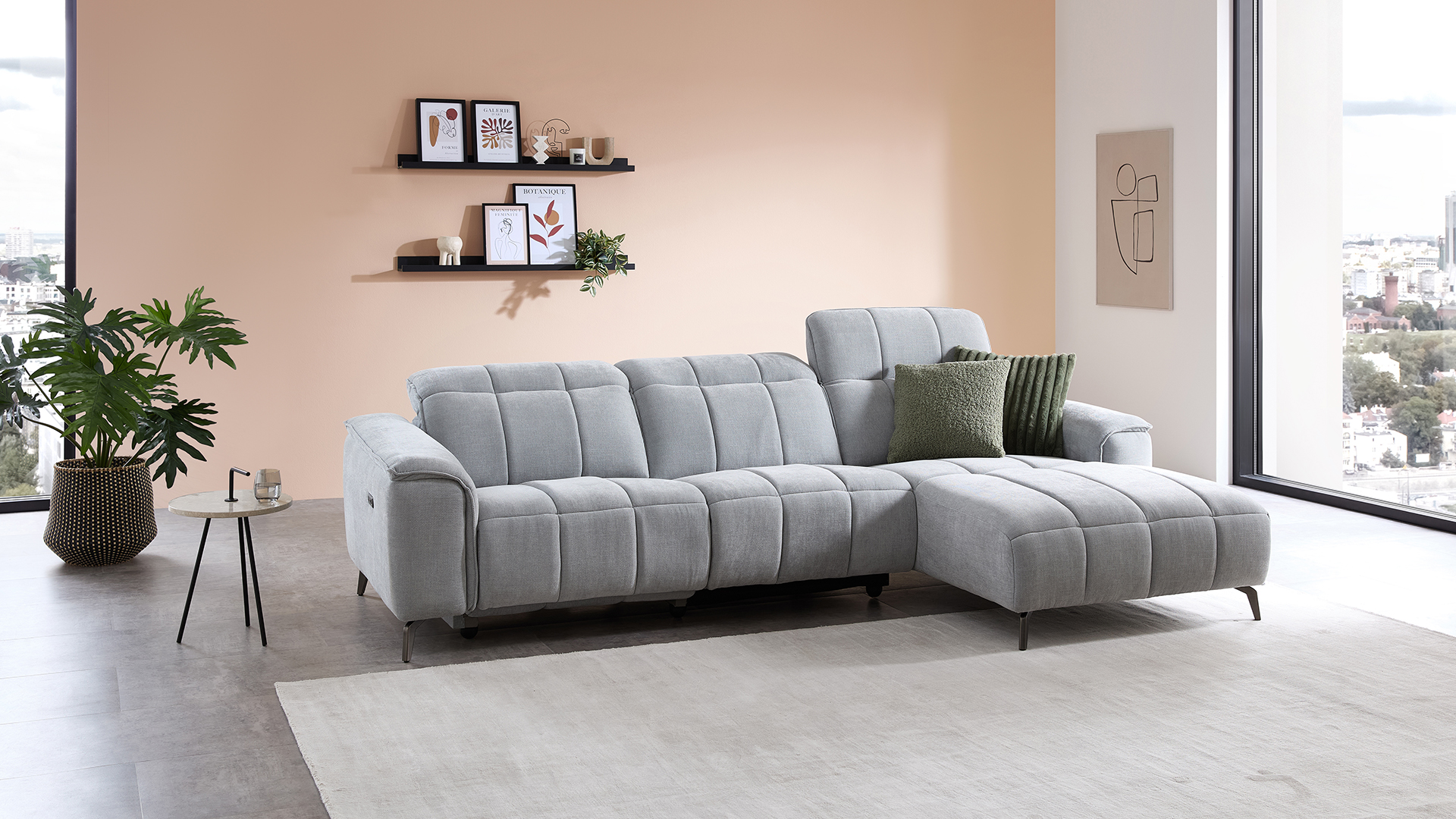 Stoff Ecksofa mit manueller Kopfteilverstellung und motorischer Relaxfunktion-05971020WW