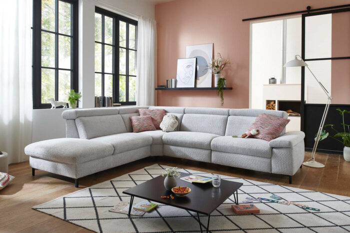 Ecksofa in Stoff L-Form mit Federkern Silver links mit Funktion mit Kopfteilfunktion Ecksofa in Stoff L-Form mit Federkern Silver links mit Funktion mit Kopfteilfunktion