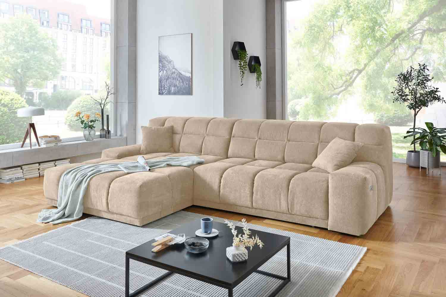 Ecksofa inkl. motorischen XXL- Sitzvorzug in Stoff