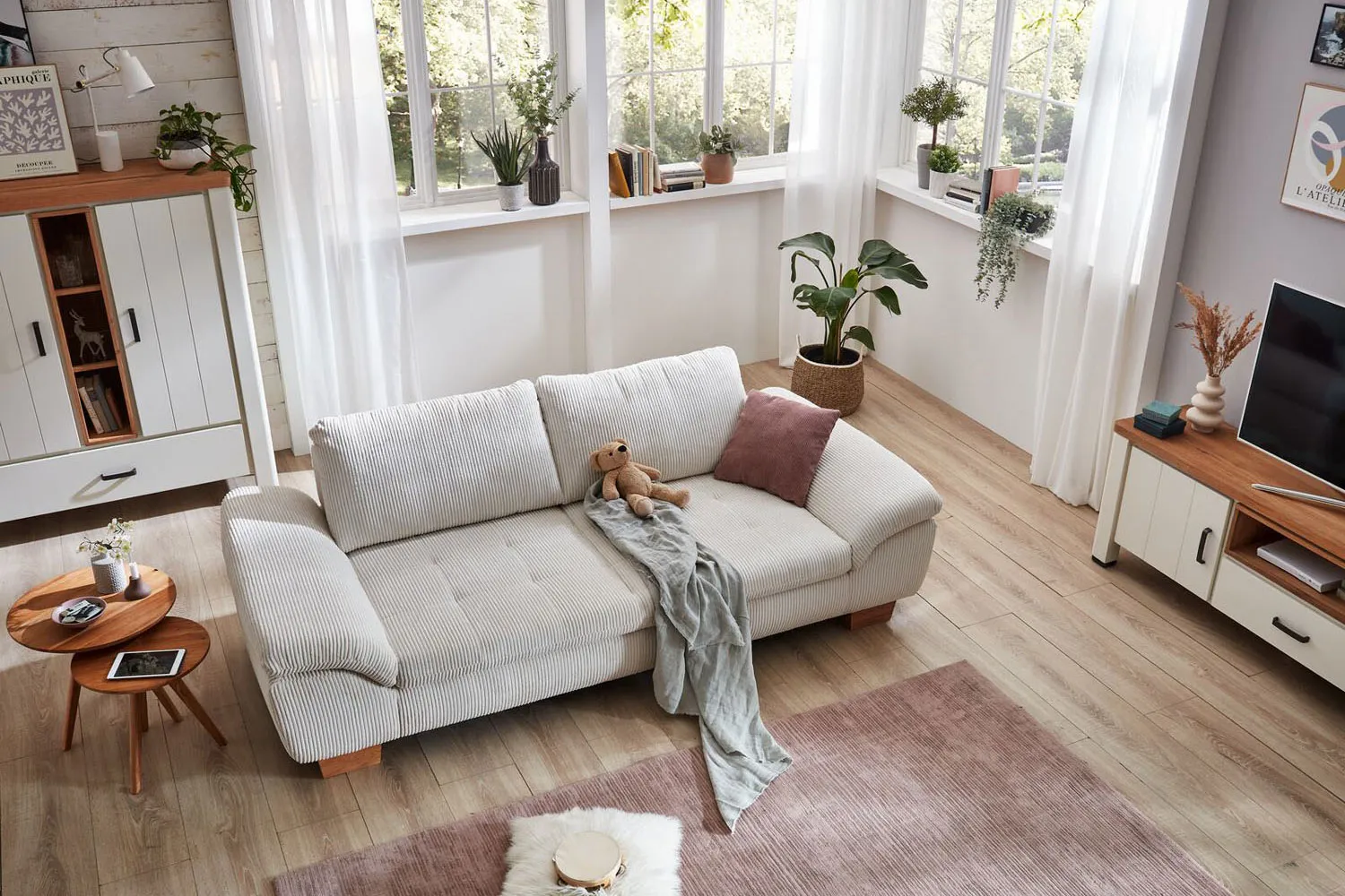 Sofa 2,5-Sitzer in Trendstoff Cord Beige mit Armteilfunktion mit Funktion 