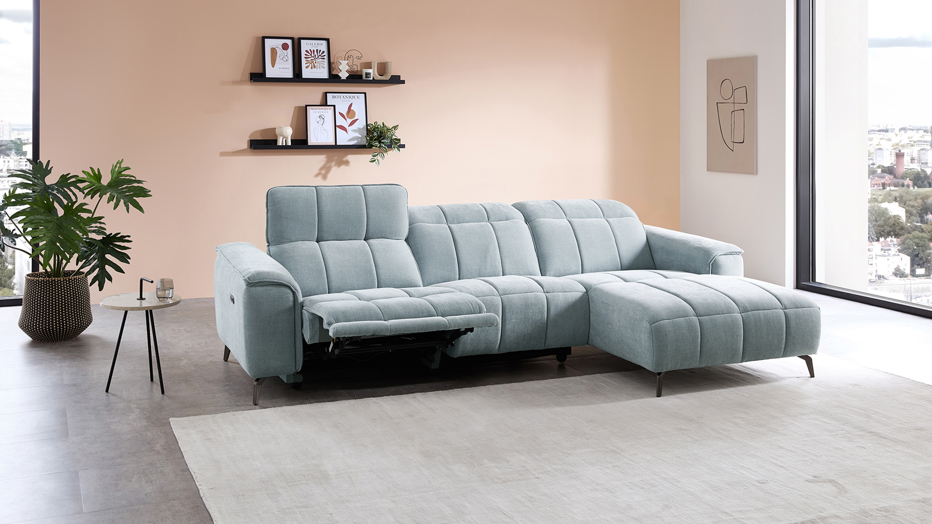 Stoff Ecksofa mit manueller Kopfteilverstellung und motorischer Relaxfunktion-05971020WW