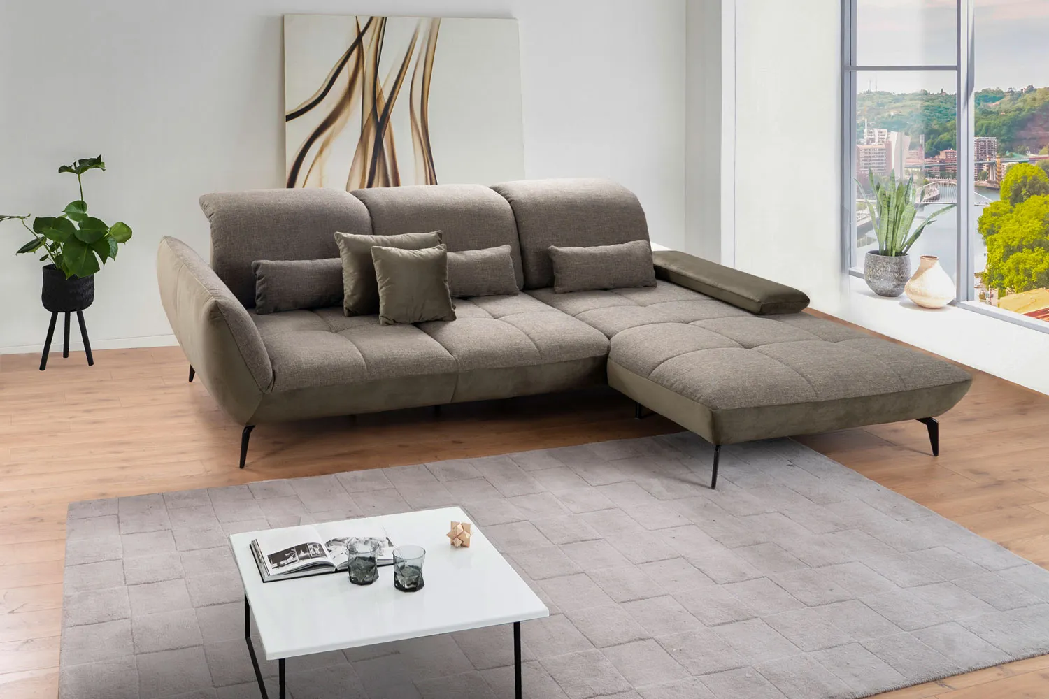 Stoff Ecksofa L-Form mit Sitztiefenverstellung Braun rechts