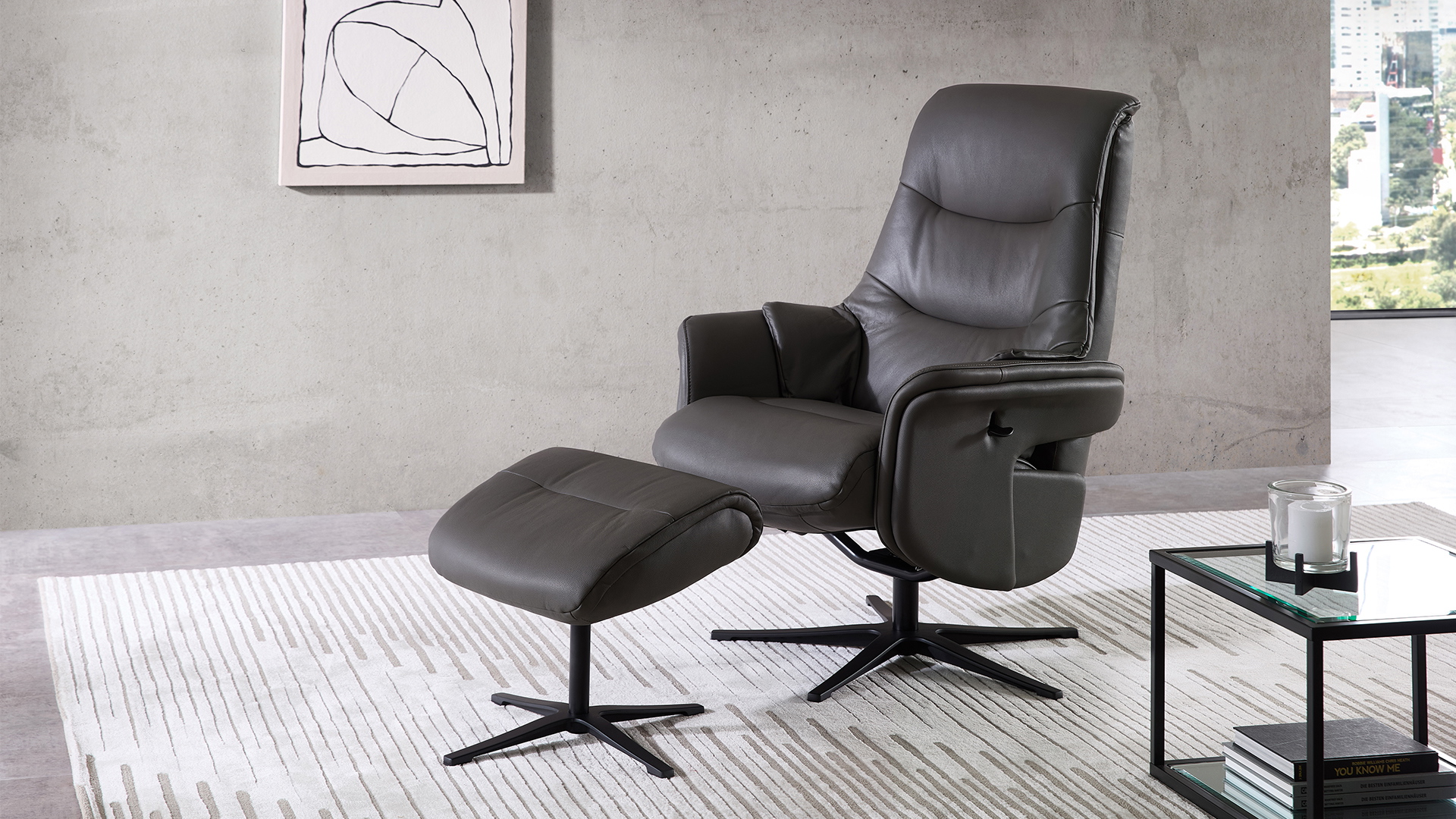 Relaxsessel Agent Grey mit manueller Funktion und Sitzhöhenverstellung in Leder-Lederlook