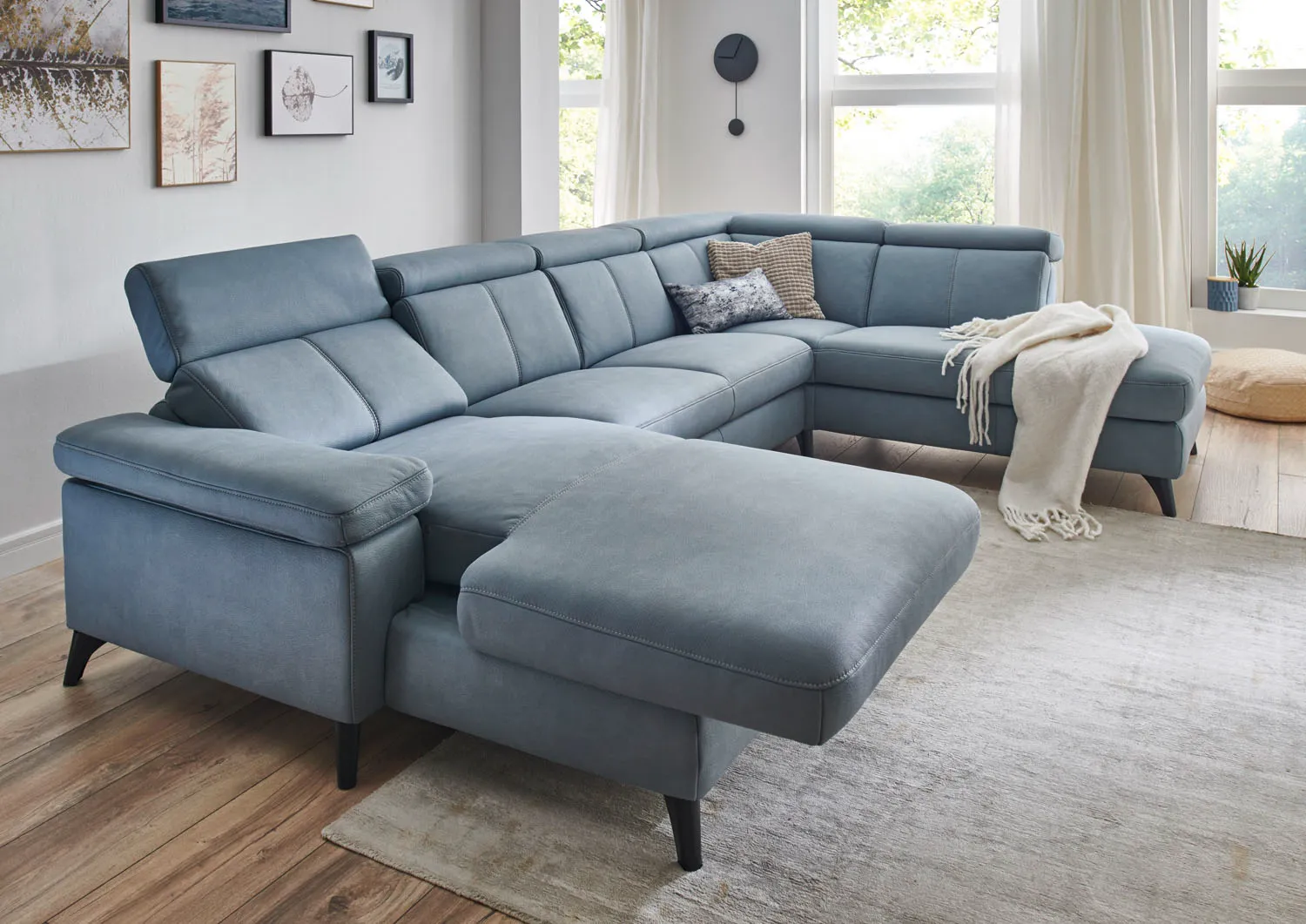 Stoff Wohnlandschaft in U Form Blau/Grau rechts
