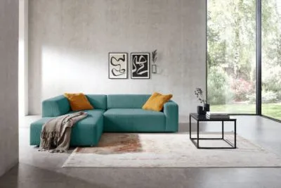 Ecksofa im Trendstoff Cord mit elektrischem Sitzvorzug mgl. Blau links