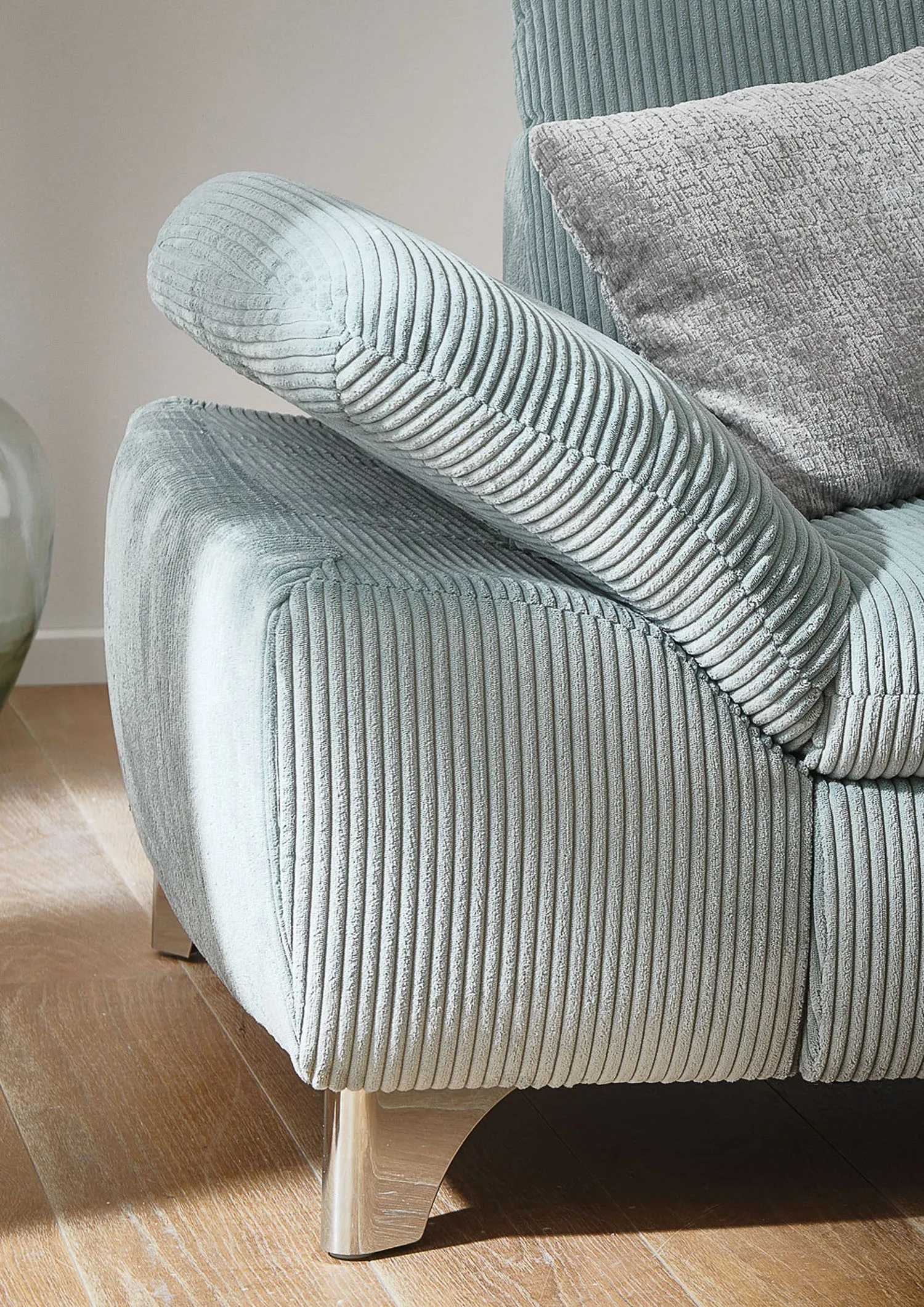 Ecksofa in Cordstoff Aqua links mit Armteilfunktion mit Stauraum mit Schlaffunktion 