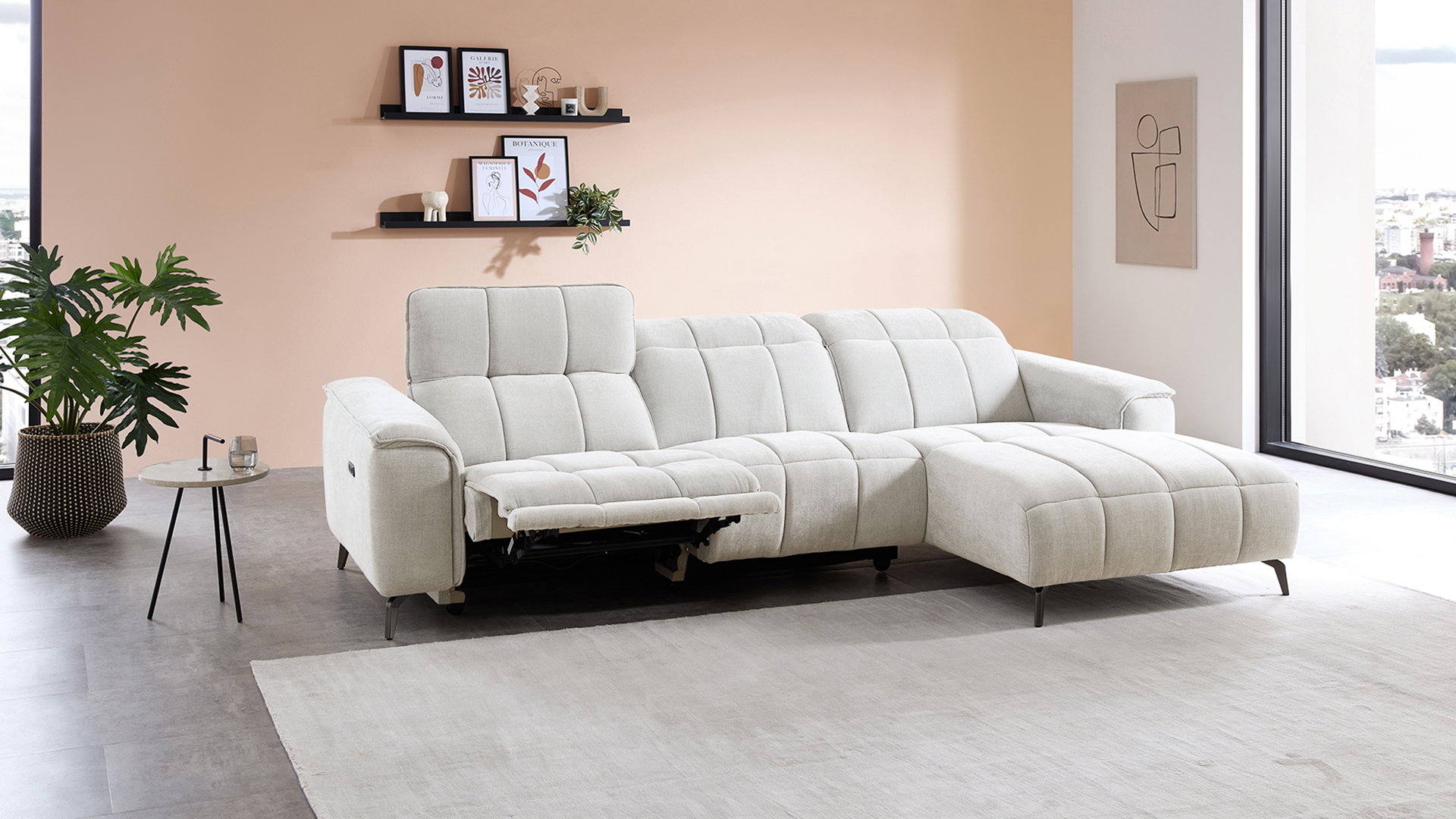 Stoff Ecksofa mit manueller Kopfteilverstellung und motorischer Relaxfunktion-05971020WW