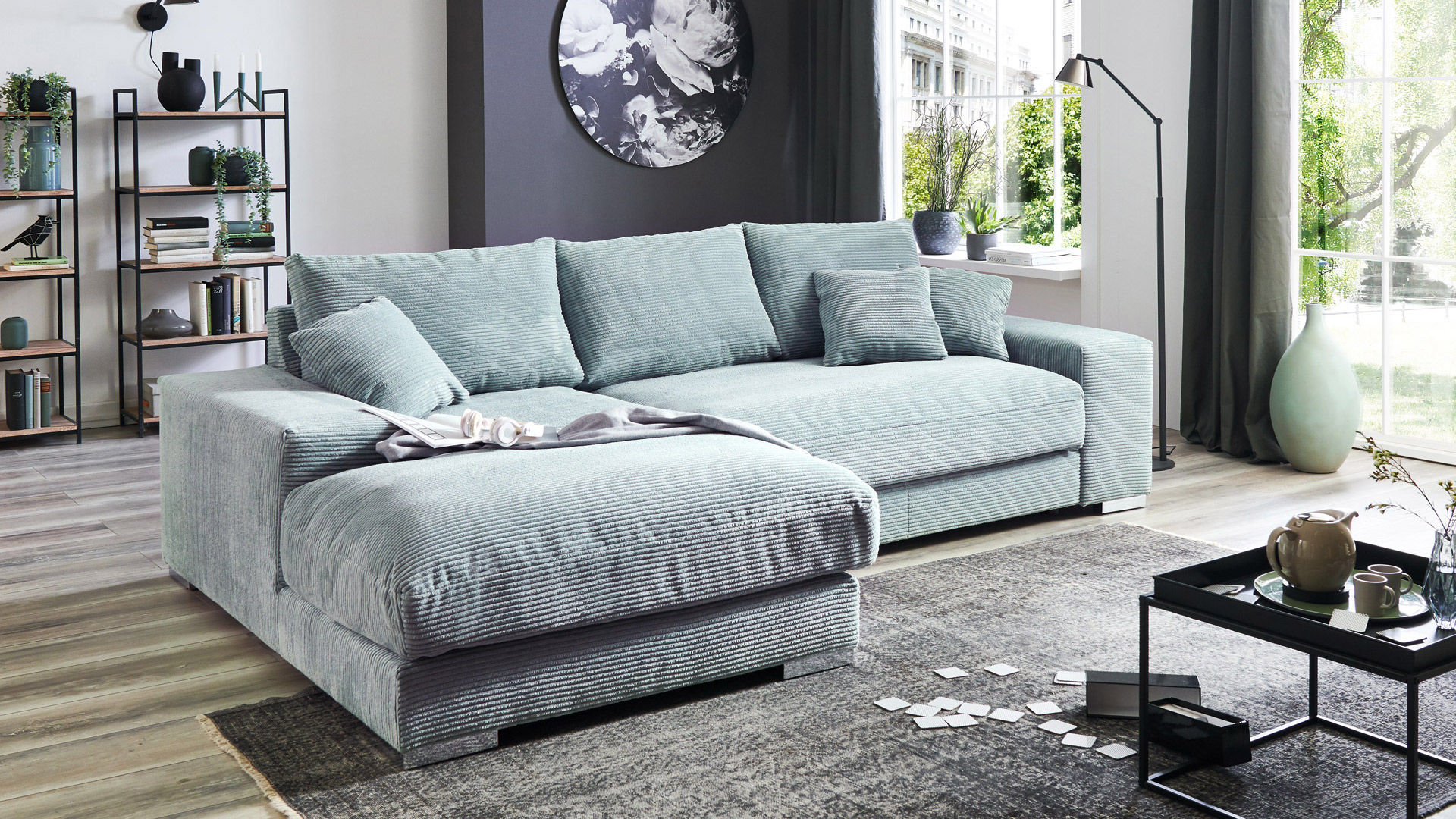 Ecksofa Soft mit losen Rückenkissen in Trendstoff Cord