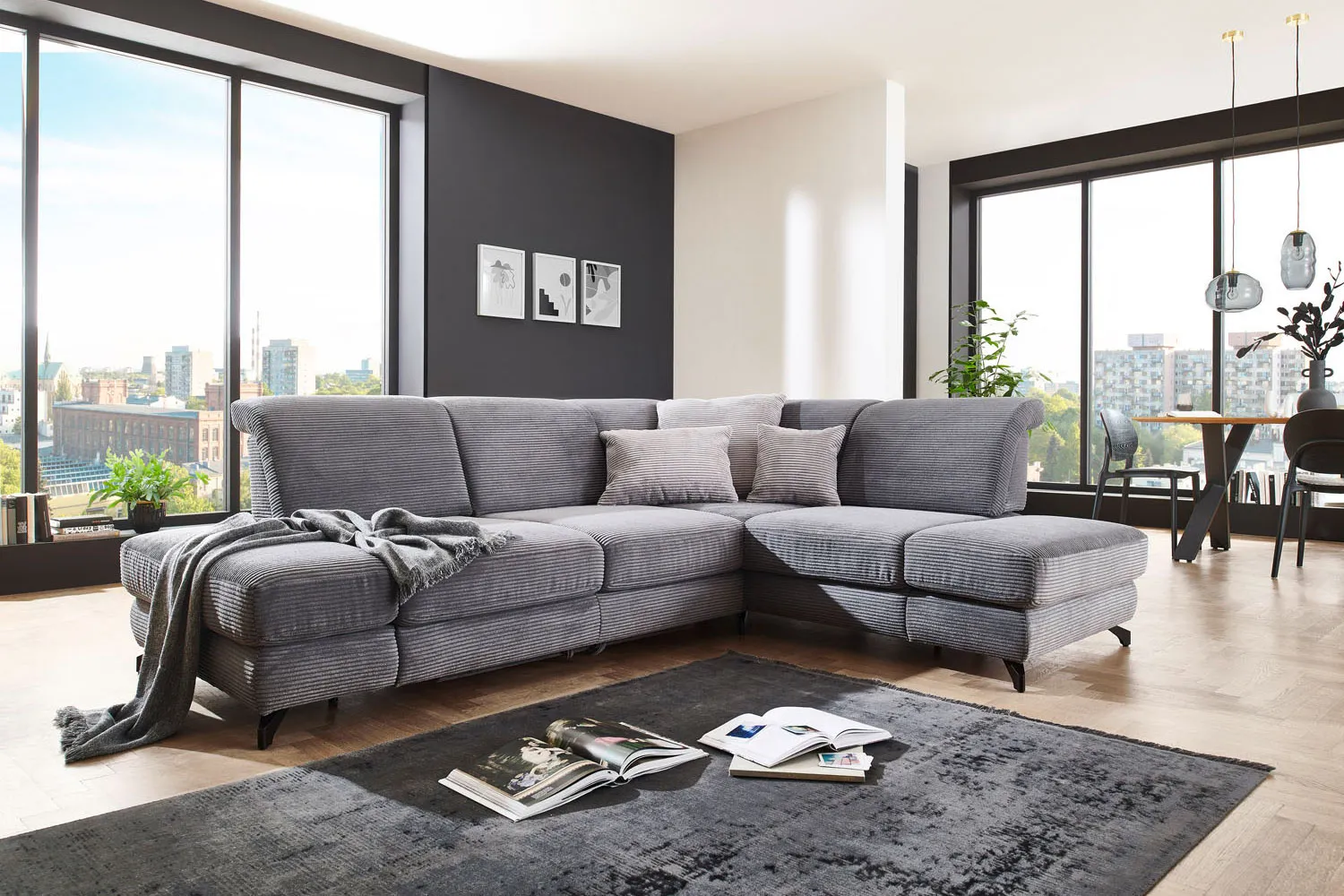 Cord Ecksofa in L-Form Grau rechts mit Armteilfunktion mit Funktion 