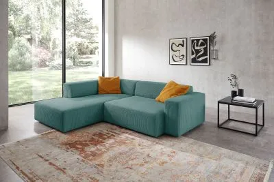 Ecksofa im Trendstoff Cord mit elektrischem Sitzvorzug mgl. Blau rechts 