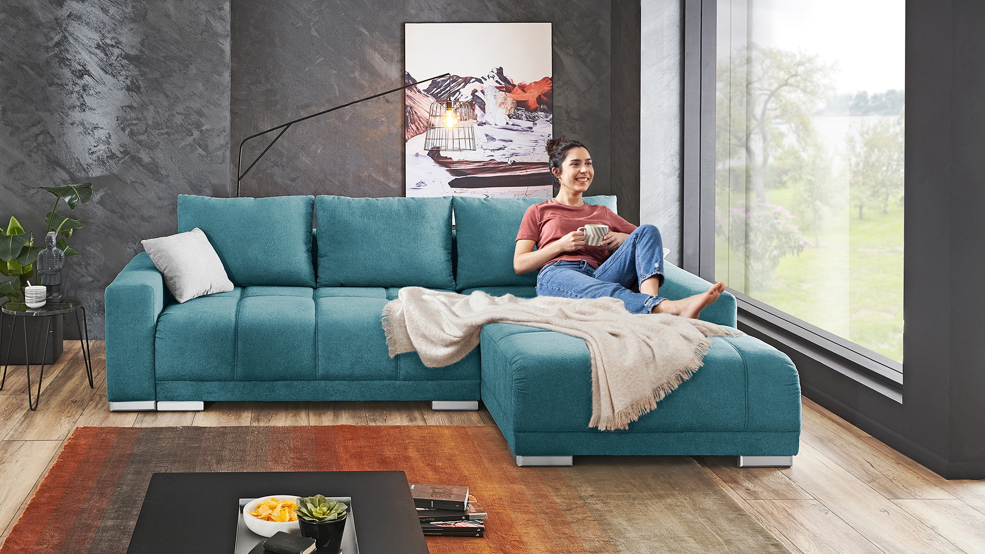 Ecksofa Carine mit Schlaffunktion und Bettkasten in Stoff Ecksofa Carine mit Schlaffunktion und Bettkasten in Stoff-06460141-WW