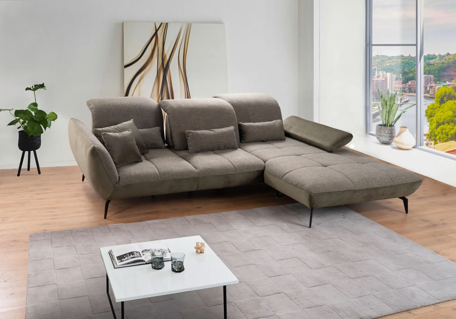 Stoff Ecksofa L-Form mit Sitztiefenverstellung Braun links