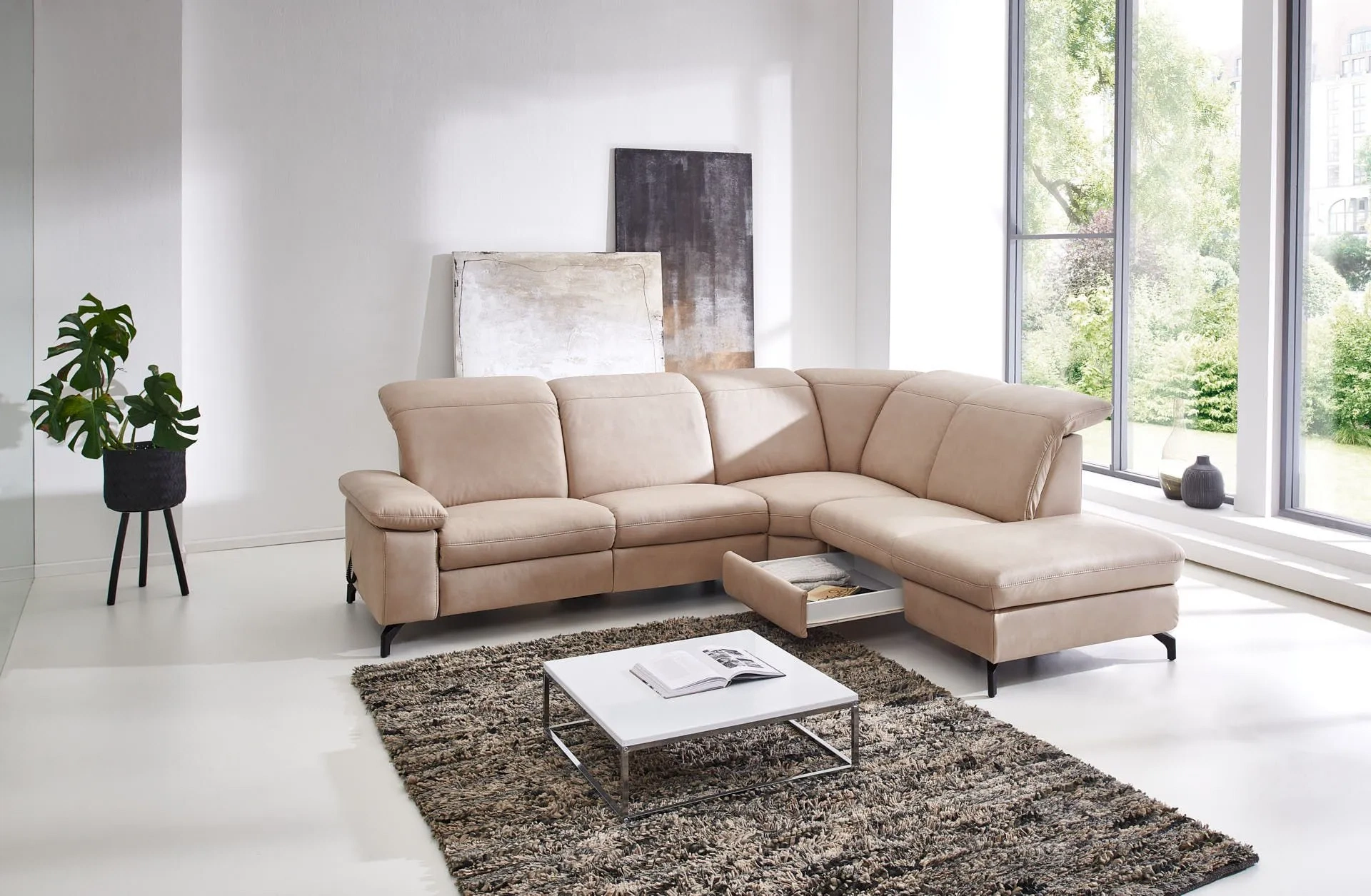 Ecksofa mit Funktionen, Armlehnenfunktion und Kopfteilfunktion Beige rechts mit Kopfteilfunktion Ecksofa mit Funktionen, Armlehnenfunktion und Kopfteilfunktion Beige rechts mit Kopfteilfunktion