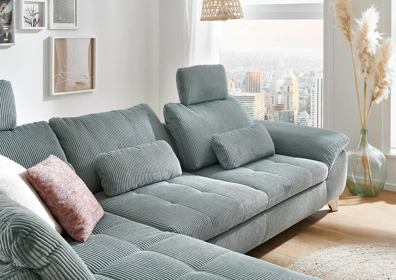 Ecksofa in Cordstoff Aqua rechts mit Stauraum