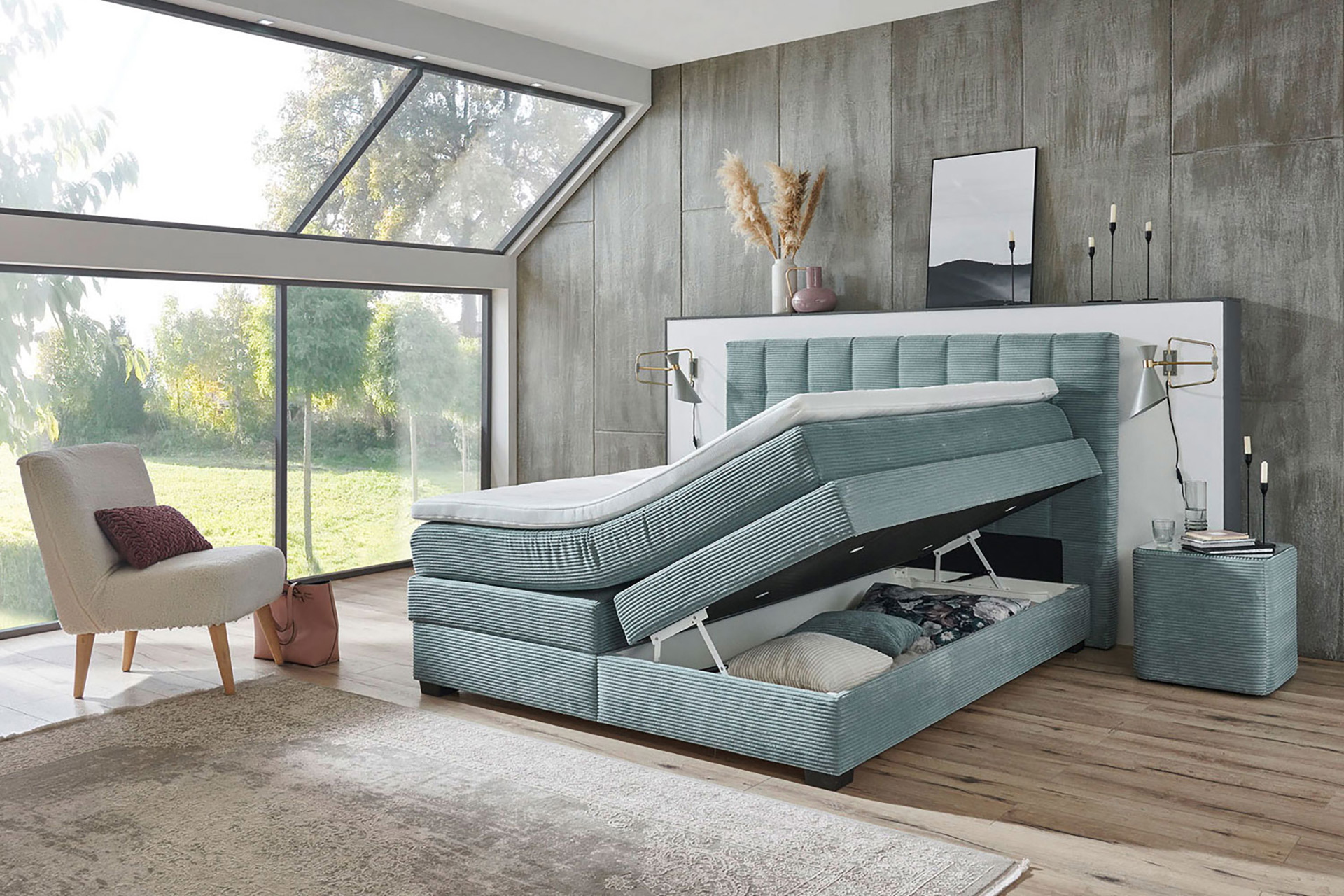 Boxspringbett in Cord inkl. Bettkasten