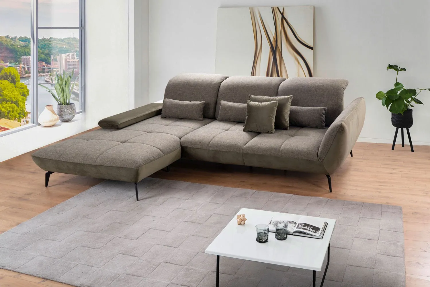 Stoff Ecksofa L-Form mit Sitztiefenverstellung Braun rechts