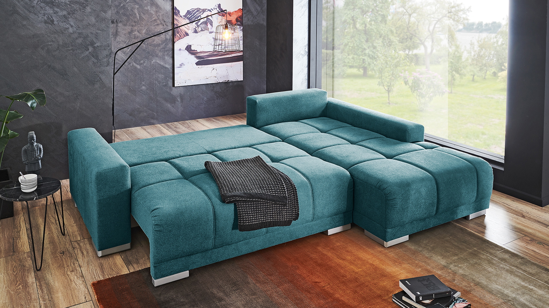 Ecksofa Carine mit Schlaffunktion und Bettkasten in Stoff Ecksofa Carine mit Schlaffunktion und Bettkasten in Stoff-06460141-WW