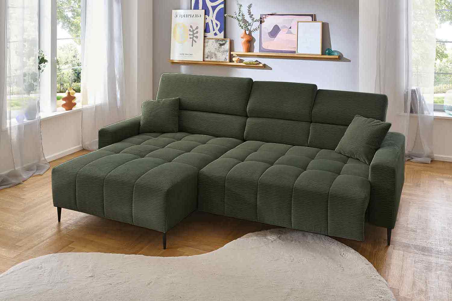 Ecksofa inkl. motorischem Sitzvorzug in Trendstoff Cord