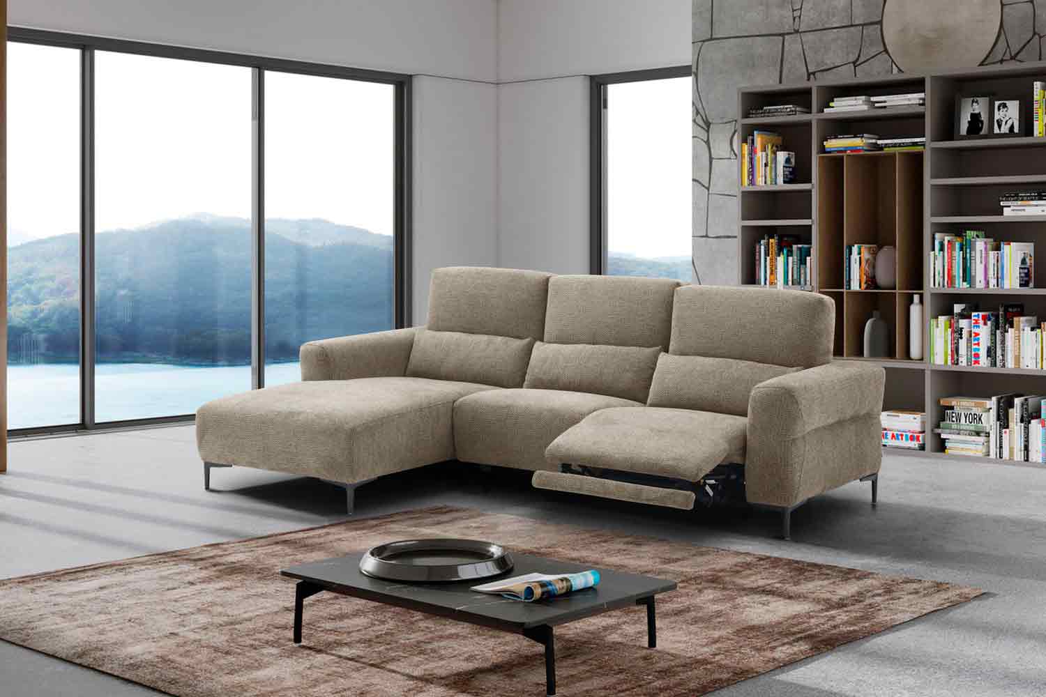 Ecksofa inkl. motorischer Funktion im trendigen Retro Stoff 