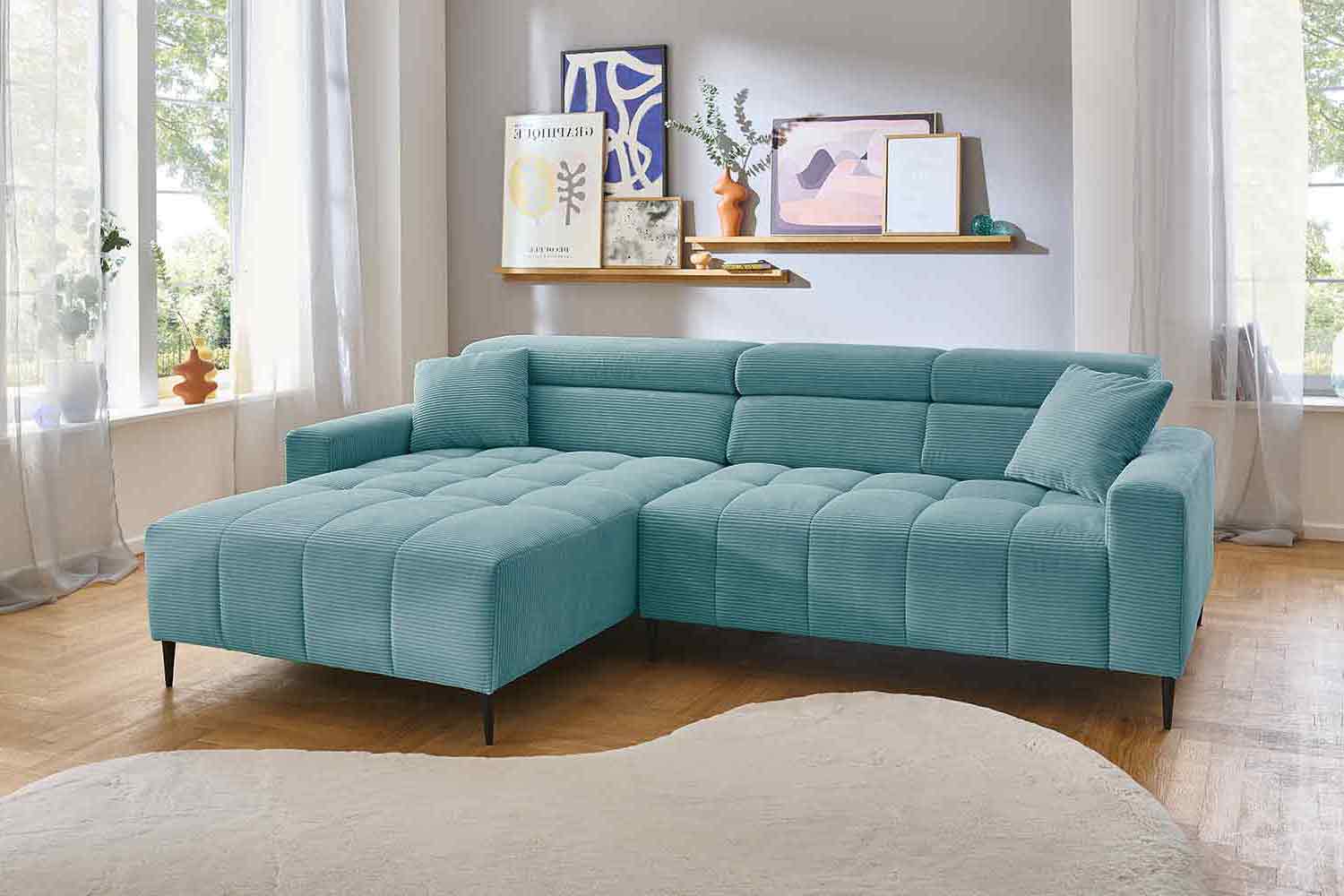 Ecksofa inkl. motorischem Sitzvorzug in Trendstoff Cord