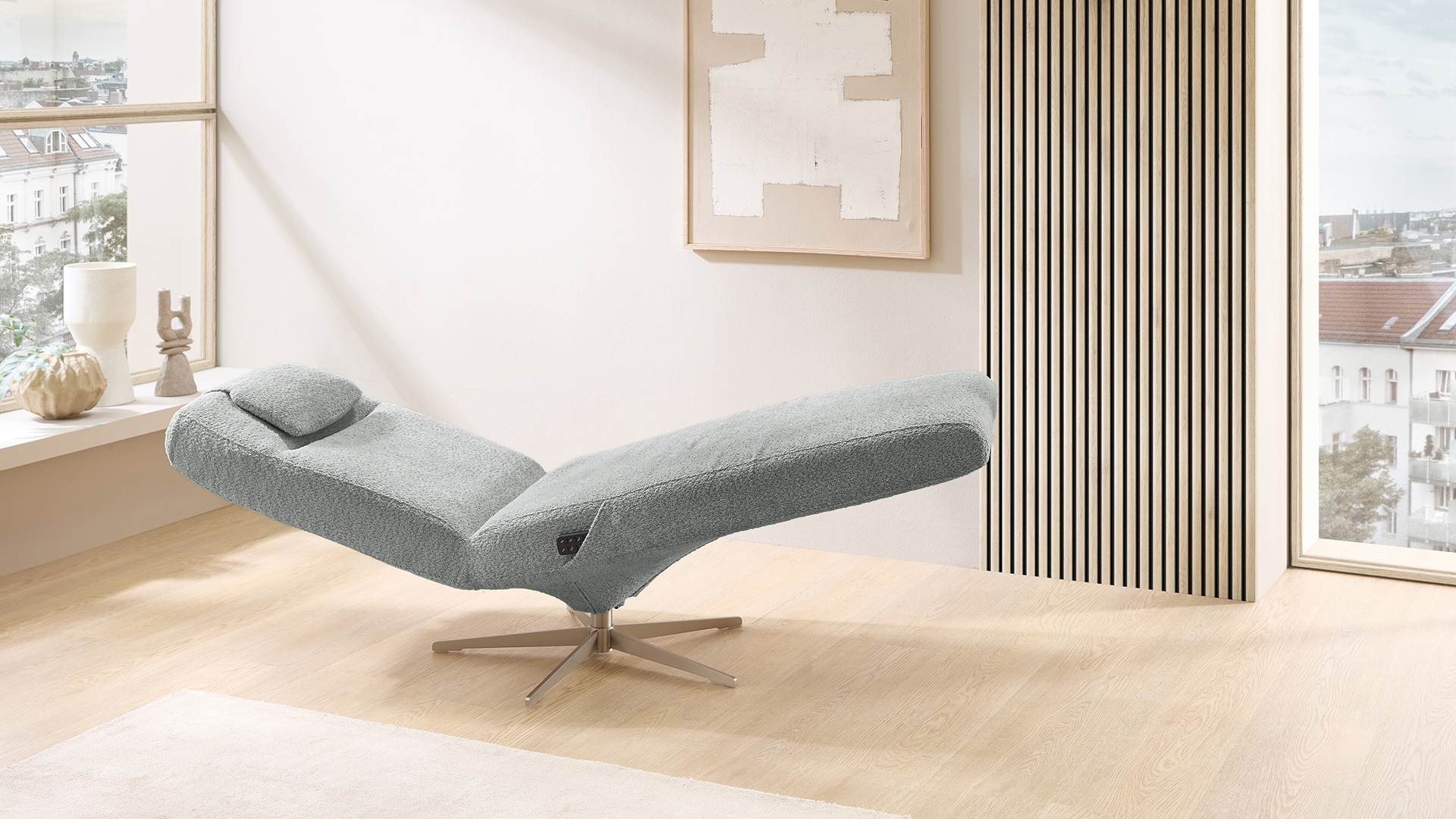 Cuoio Liege Positano mit 3-motorischer Relaxfunktion in Trendstoff Bouclé Cuoio Liege Positano mit 3-motorischer Relaxfunktion in Trendstoff Bouclé