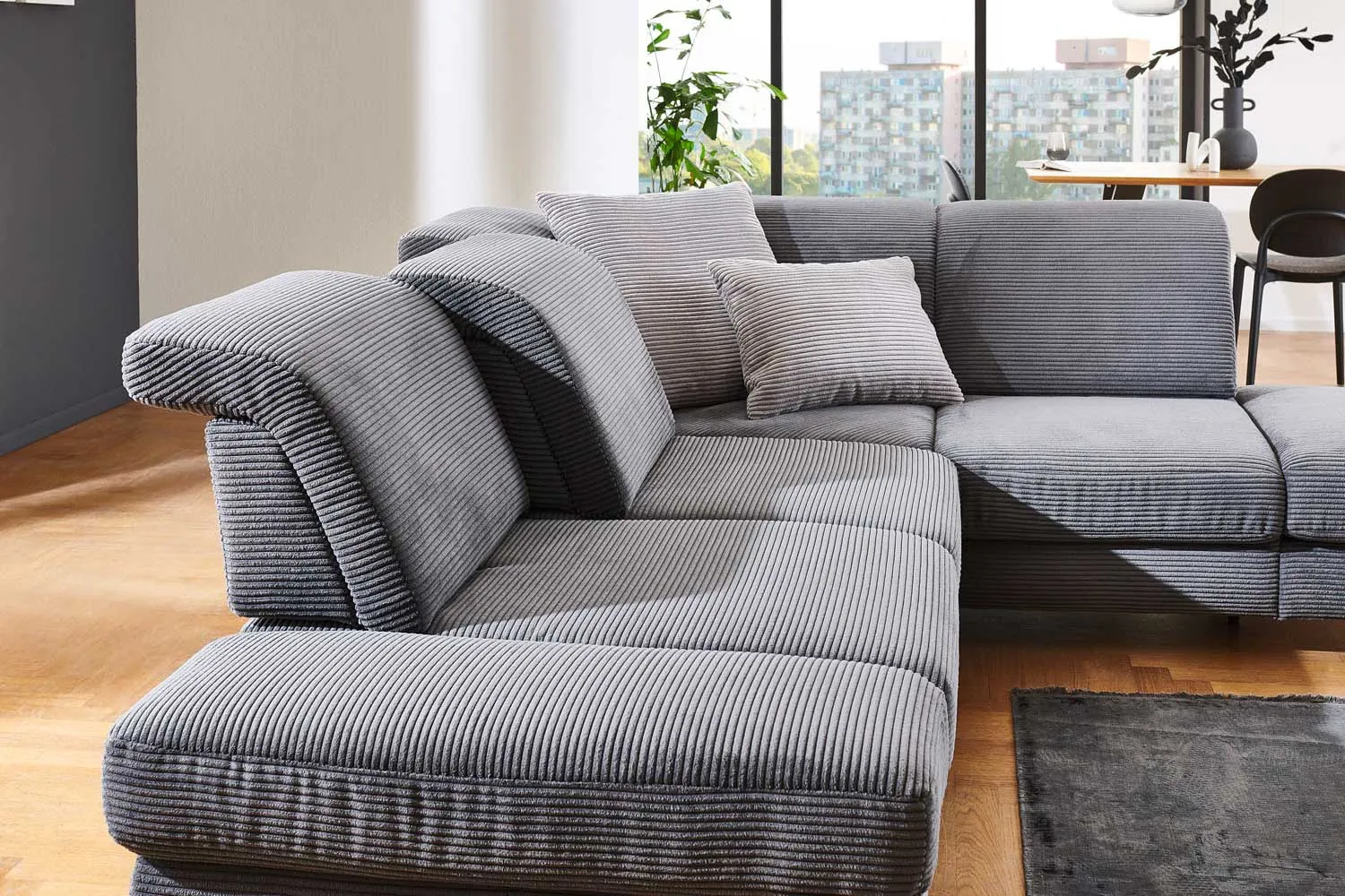 Cord Ecksofa in L-Form Grau rechts mit Armteilfunktion mit Funktion mit Schlaffunktion 