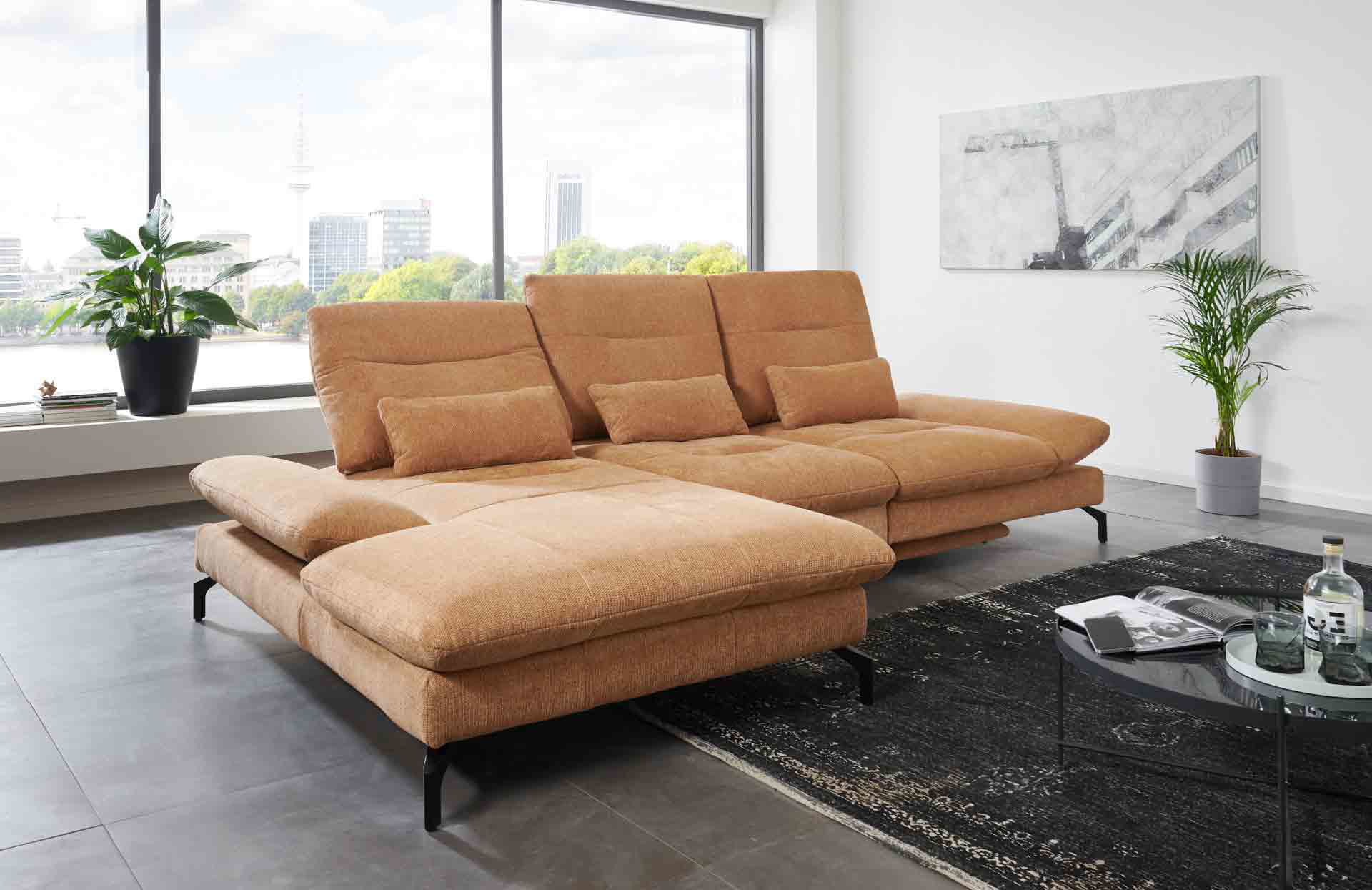 Stoff Ecksofa in L-Form mit manueller Sitztiefenverstellung