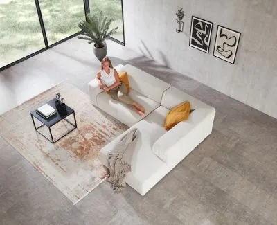 Ecksofa im Trendstoff Cord mit elektrischem Sitzvorzug mgl. Beige rechts mit Funktion