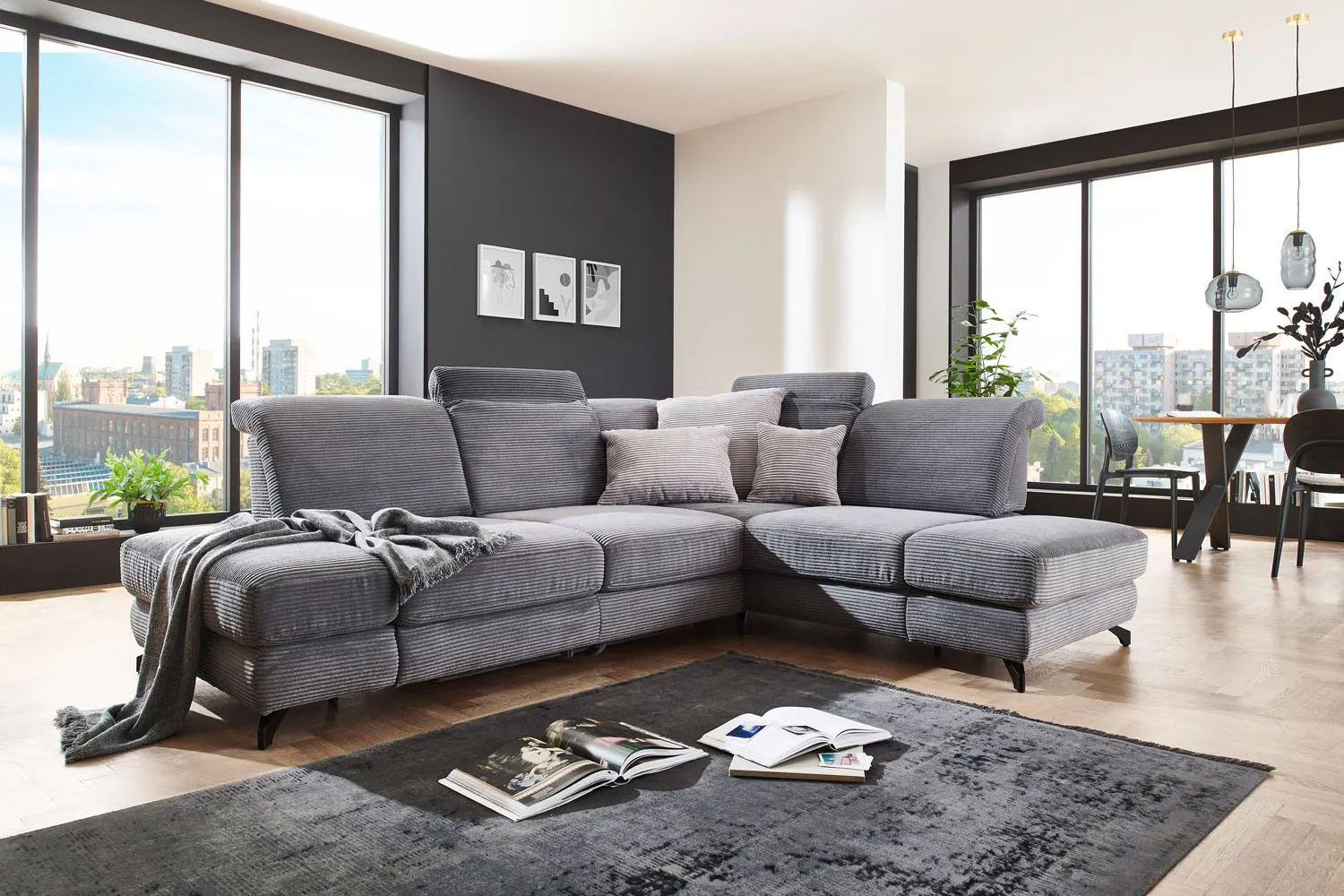 Cord Ecksofa in L-Form Grau rechts mit Armteilfunktion mit Schlaffunktion 
