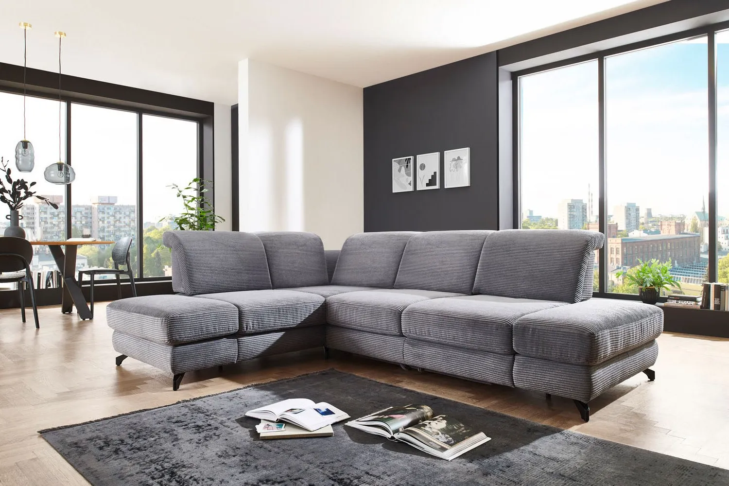 Cord Ecksofa in L-Form Grau links mit Armteilfunktion mit Funktion 