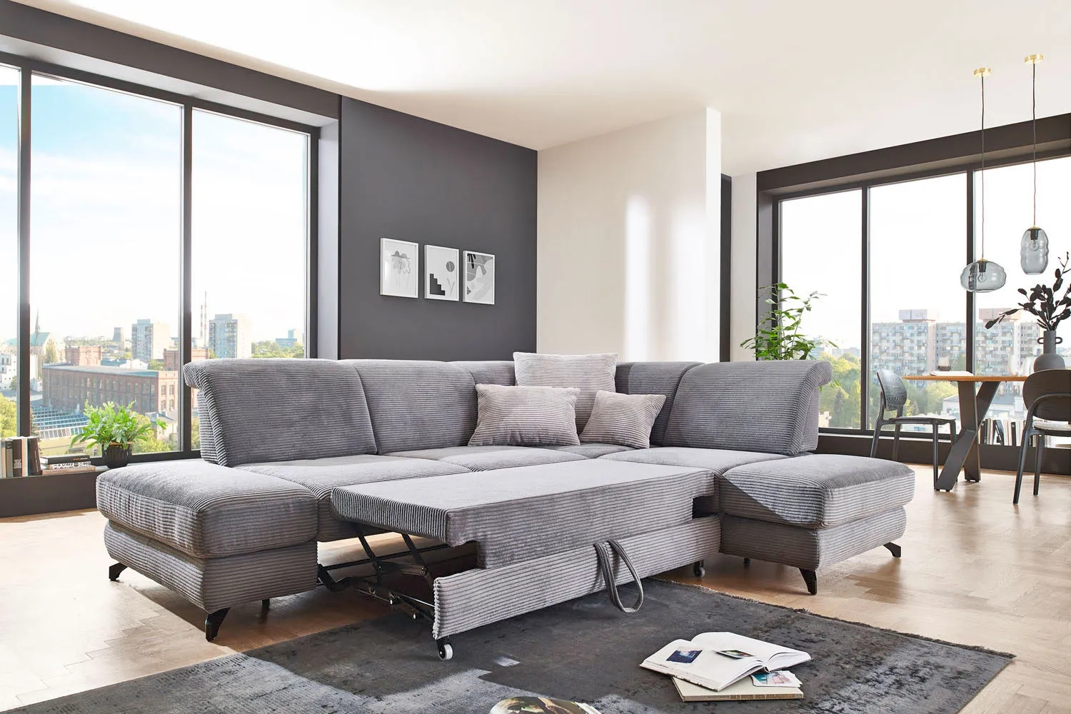 Cord Ecksofa in L-Form Grau rechts mit Schlaffunktion 