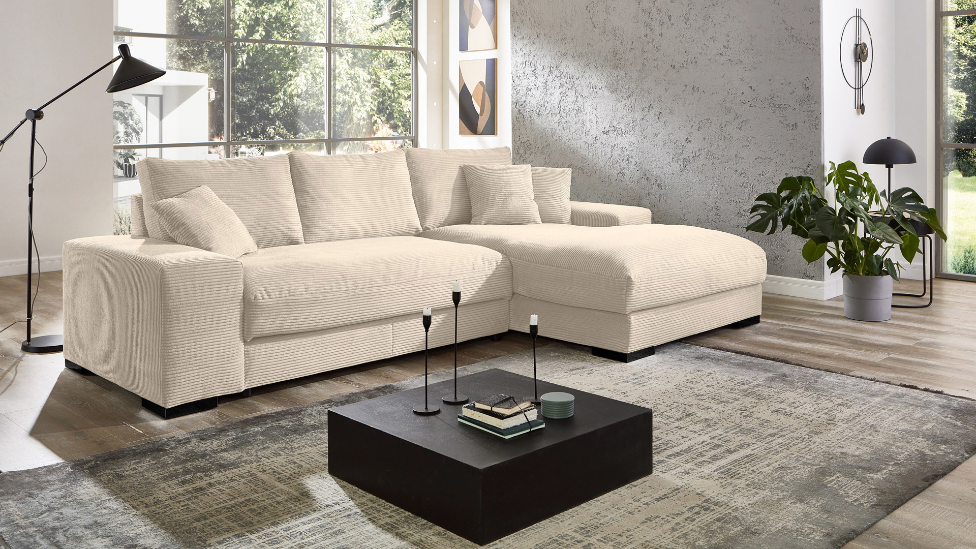 Ecksofa Soft mit losen Rückenkissen in Trendstoff Cord Ecksofa Soft mit losen Rückenkissen in Trendstoff Cord