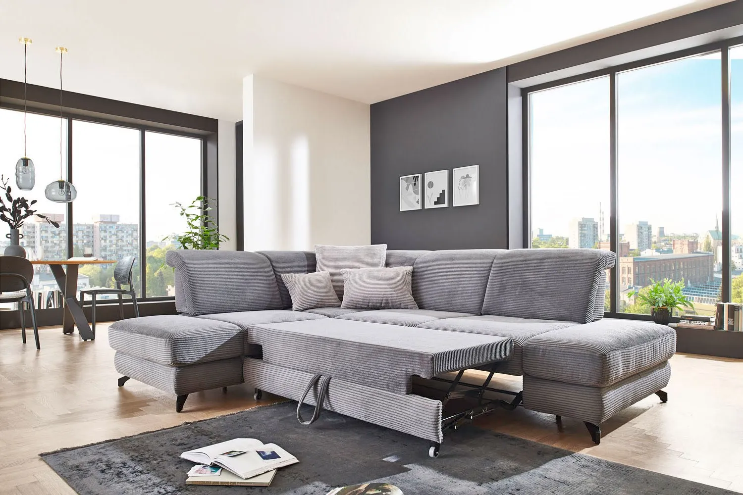 Cord Ecksofa in L-Form Grau links mit Funktion mit Schlaffunktion 
