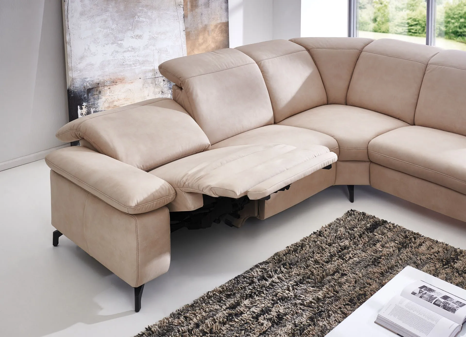 Ecksofa mit Funktionen, Armlehnenfunktion und Kopfteilfunktion Beige links mit höhen Neigungsverstellung mit Kopfteilfunktion 