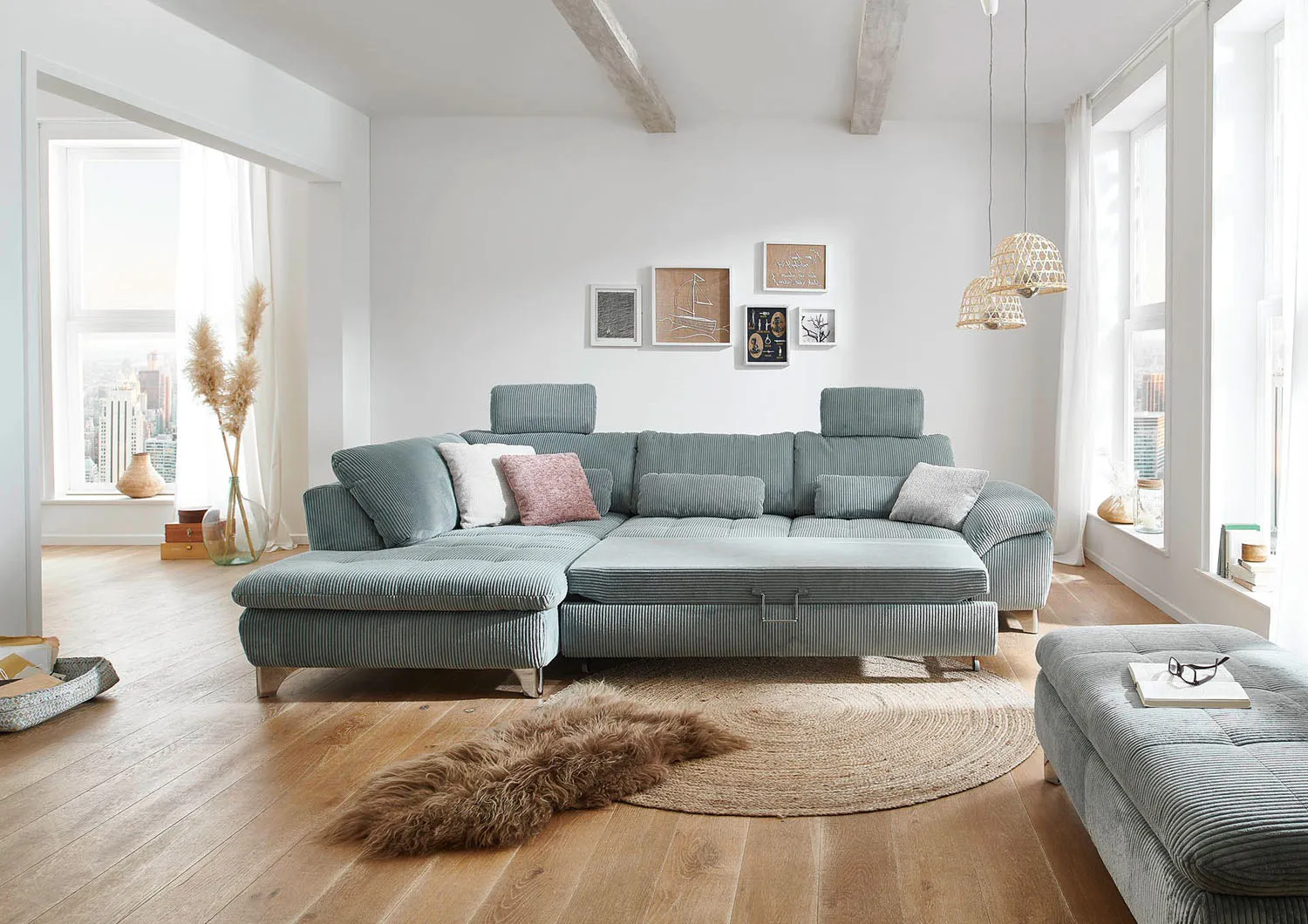 Ecksofa in Cordstoff Aqua links mit Stauraum mit Schlaffunktion 
